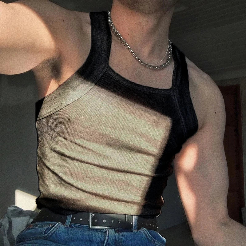 2023 Men Fashion Tank Tops Solid Color O-neck Sleeveless Skinny Gym