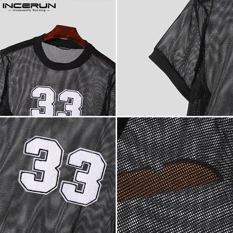 INCERUN Tops American Style Fashion Men Mesh Fabric Digit Printed