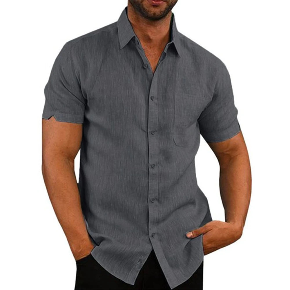 Cotton Linen Hot Sale Men's Short-Sleeved Shirts Summer Solid Color