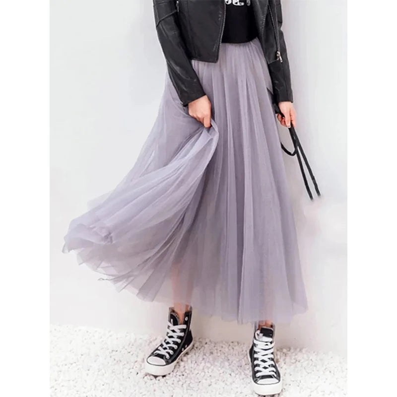 Vintage Tulle Skirt Women Streetwear Elastic High Waist Mesh Pleated