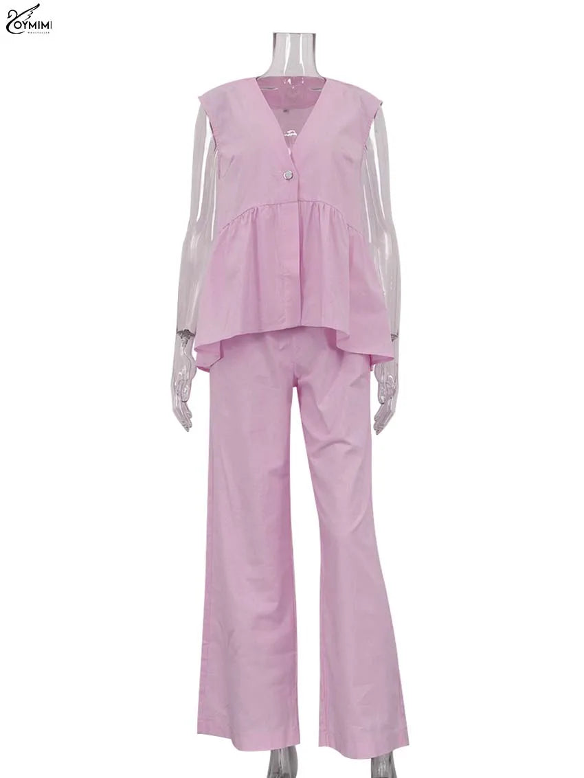 Oymimi Fashion Pink Cotton Sets Womens 2 Piece Elegant Deep V-Neck