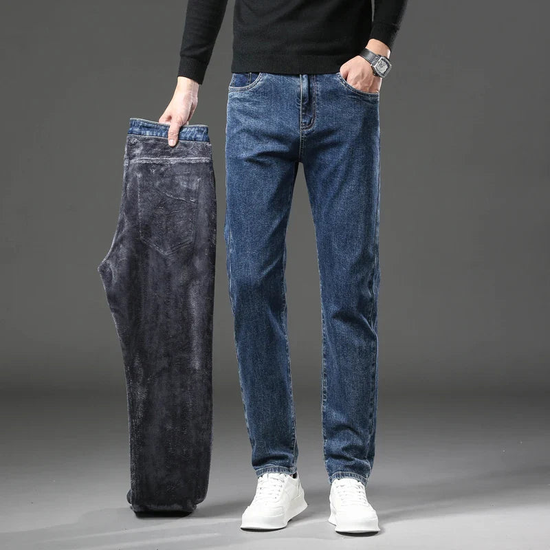Winter Fleece Thick Warm Jeans Men's Slim Straight Elastic Denim Pants
