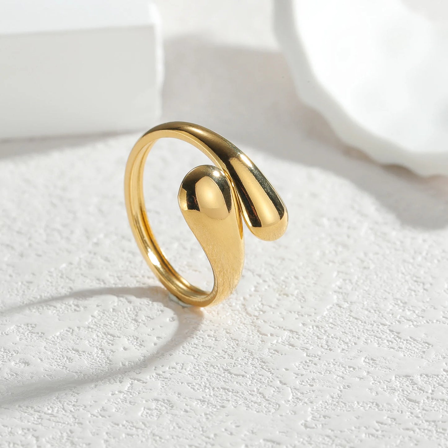 18K Gold Color Stainless Steel Smooth Double Beads Ring For Women
