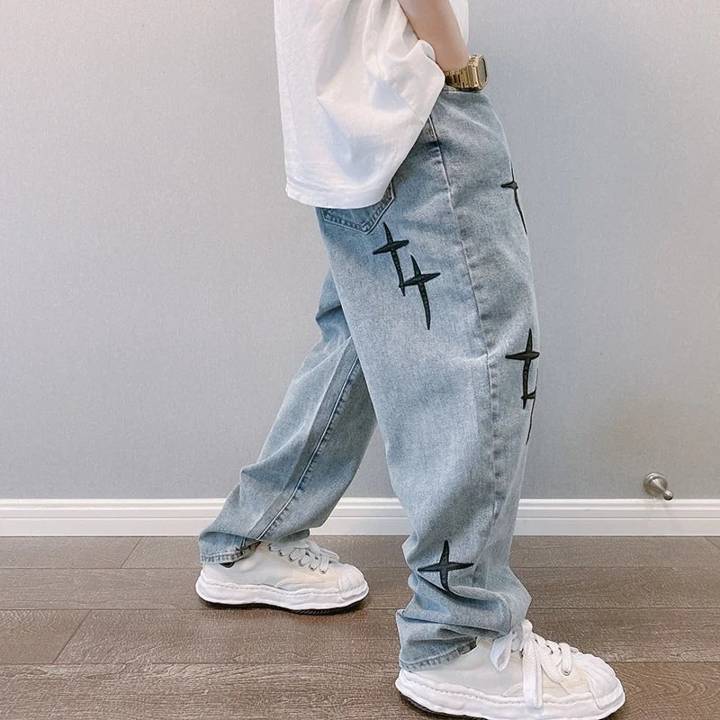 Prints Jeans Men 2023 New Streetwear Baggy Wide Leg Jeans Korean