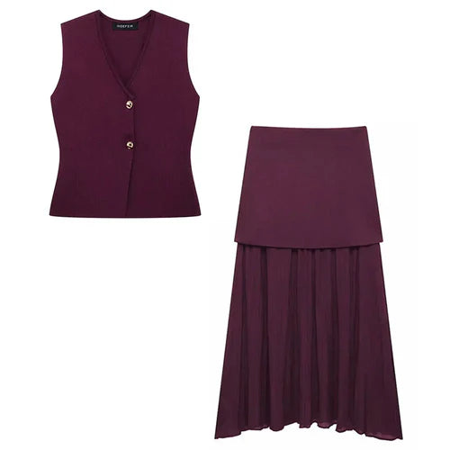 TRAFZA 2024 Women Skirt Set Wine Red Knitted V-Neck Sleeveless Slim