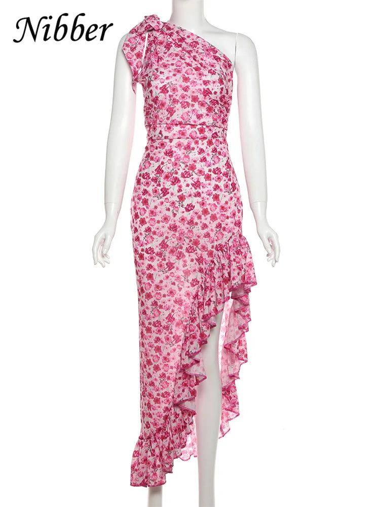 Nibber Thin Diagonal Collar Dress Women Flowers Print Irregular