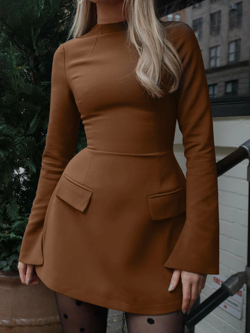 Dulzura Long Sleeves Zipper Bodycon Mini Dress With Pocket Solid
