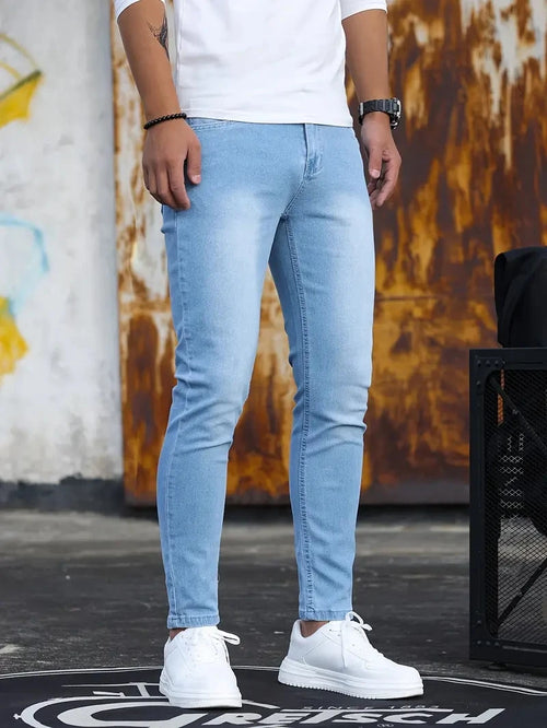 Man Pants Retro Washing Zipper Stretch Jeans Casual Slim Fit Trousers