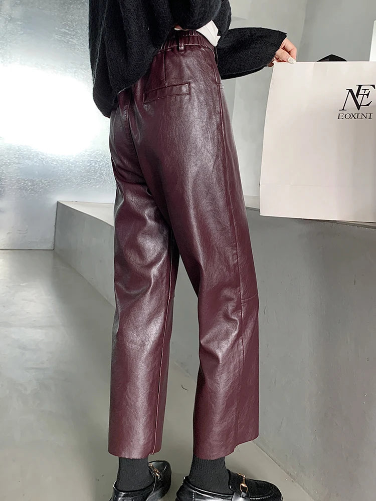 QOERLIN Fall Winter PU Leather Pants Women Elegant High Waist Pockets