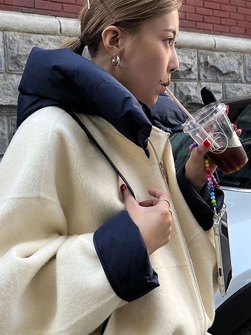 Zipper Panelled Women's Jackets With Hoodies Casual Drawstring Long