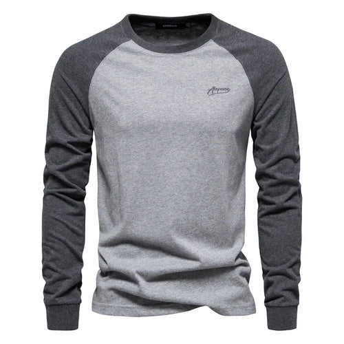 AIOPESON Men's T-shirts 100% Cotton Long Sleeve O-neck Pactwork Casual