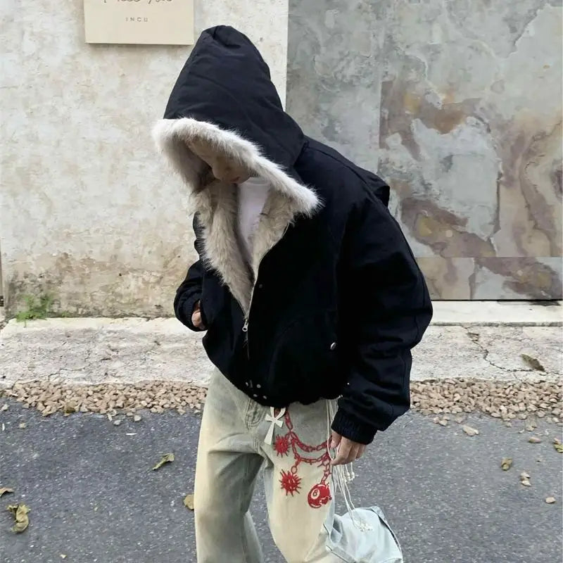 American Retro Woolen Collar Hooded Cotton Jacket Winter Thick Plush