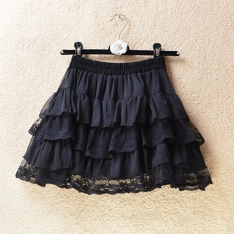 Elastic Gothic Lace Tutu Skirt Women Black Mesh Detail Petticoat Sexy