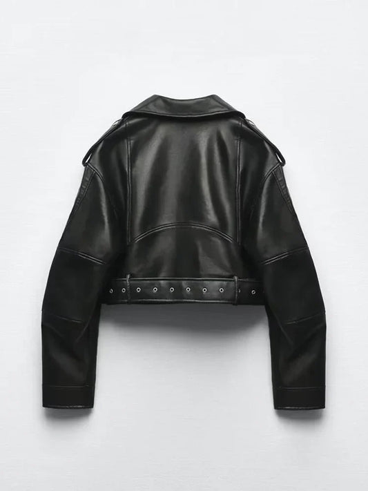 BBWM Women Oversized Vintage Loose Pu Faux Leather Short Jacket with Belt Streetwear Female Zipper Retro Moto Biker Coat Outwear