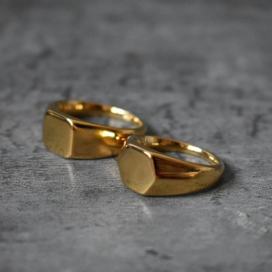 Men's Square Flat-Top Signet Ring for Men Jewelry, Stainless Steel Vintage High Polished Gold Color Round Male Jewellery Gift