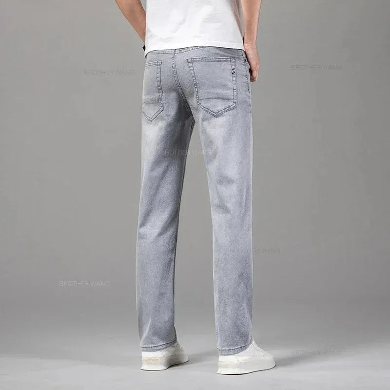 Summer Elastic Men's Jeans Fashion Gray Comfortable Business Straight