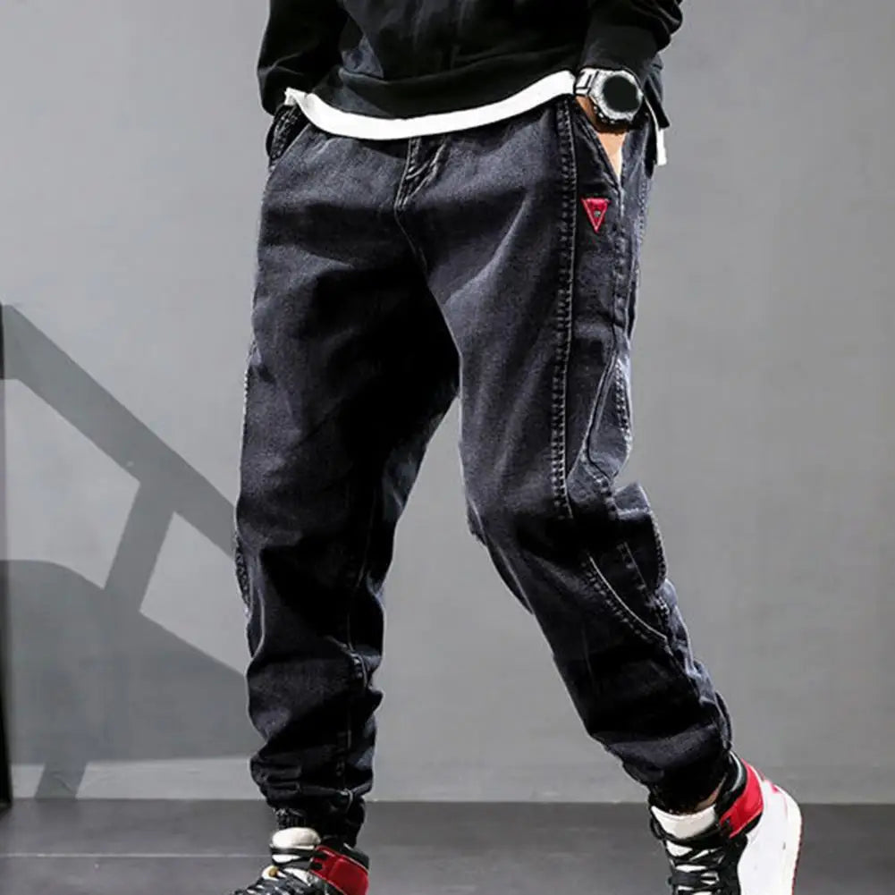 Loose Denim Pants Men Jeans Solid Color Drawstring Waist Harem Pants