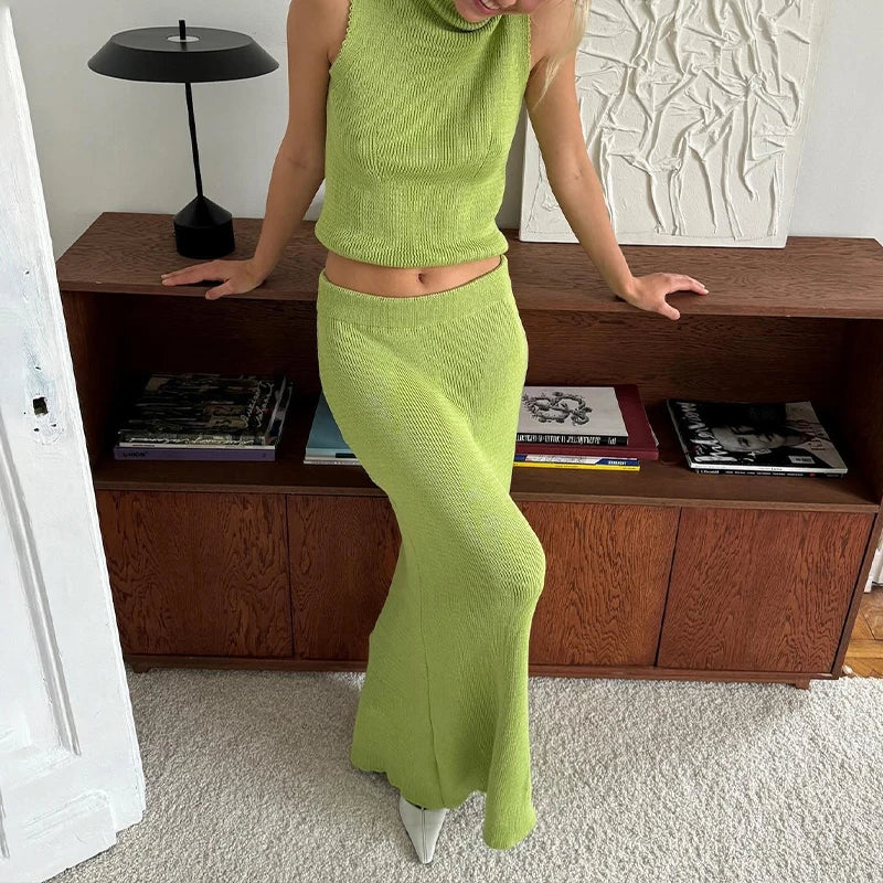 BKLD Casual Sexy Sleeveless Off Shoulder Solid Tank Top And Midi Skirt