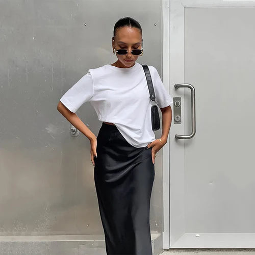 Elegant Satin Black Trumpet Skirts Fashion Slim High Waist Skirts