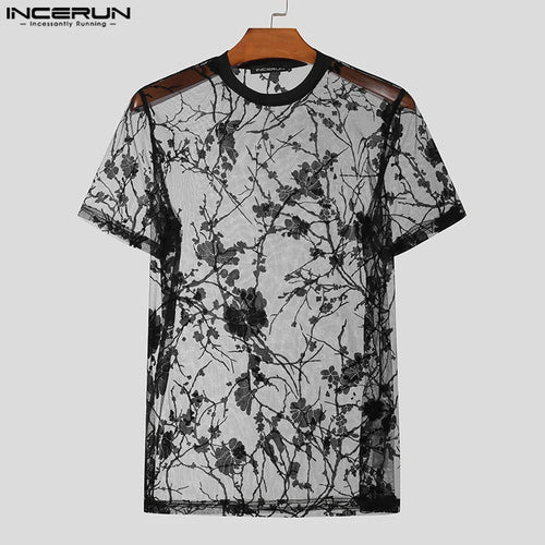 2023 Men T Shirt Mesh Striped O-neck Short Sleeve Transparent Men