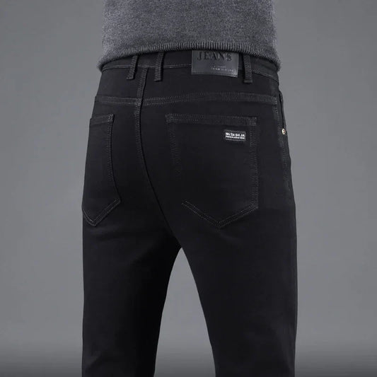 Spring Autumn New Men's Pure Black Slim Jeans Elastic Straight Pants