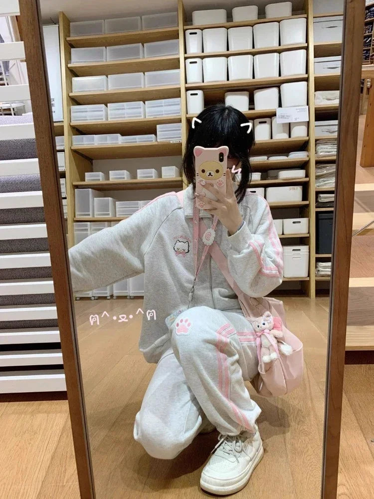 HOUZHOU Japanese Fashion Kawaii Zipper Hoodie Women Harajuku Cute Pink