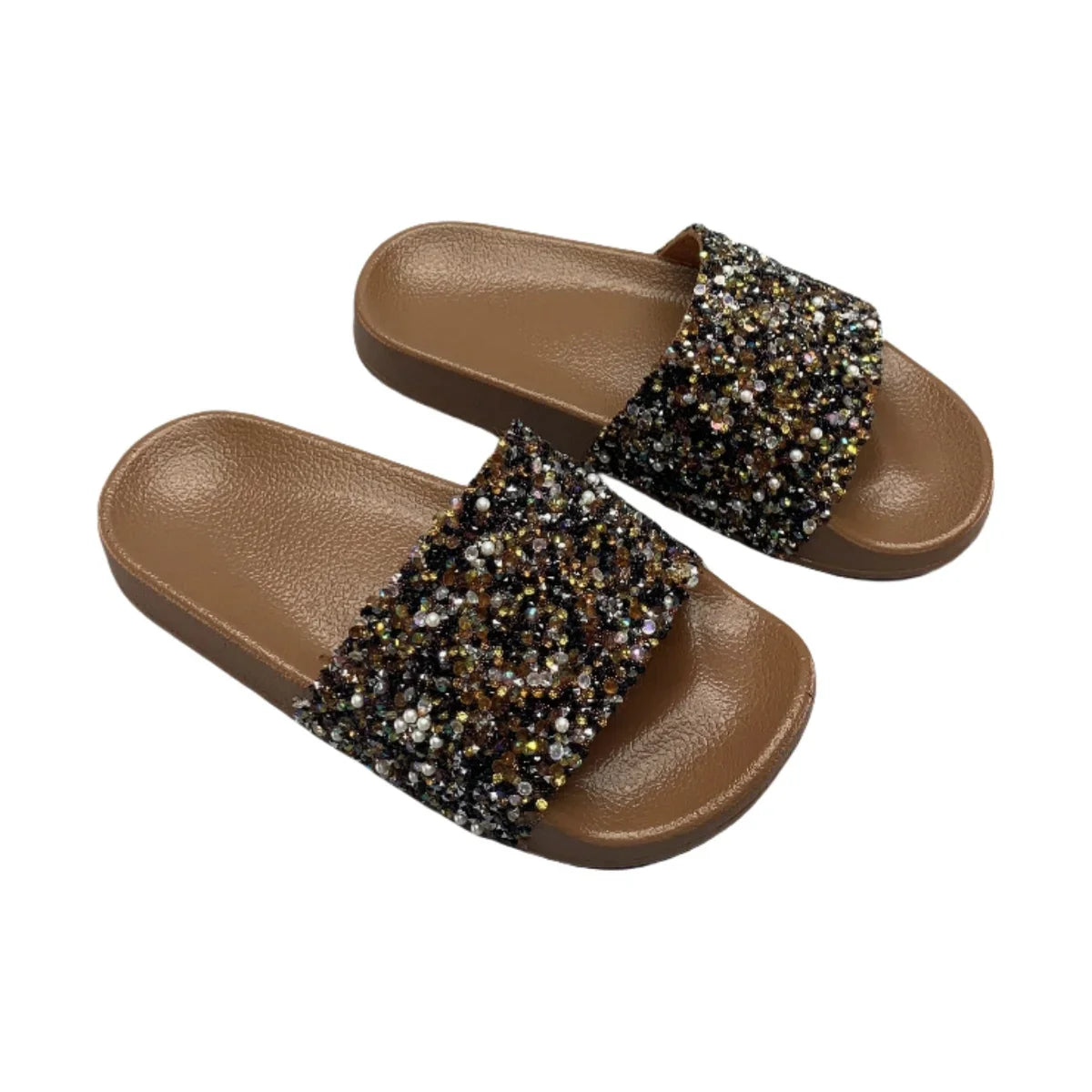 Women’s Brown Sparkling Sequin Flat Slippers – Comfortable Casual
