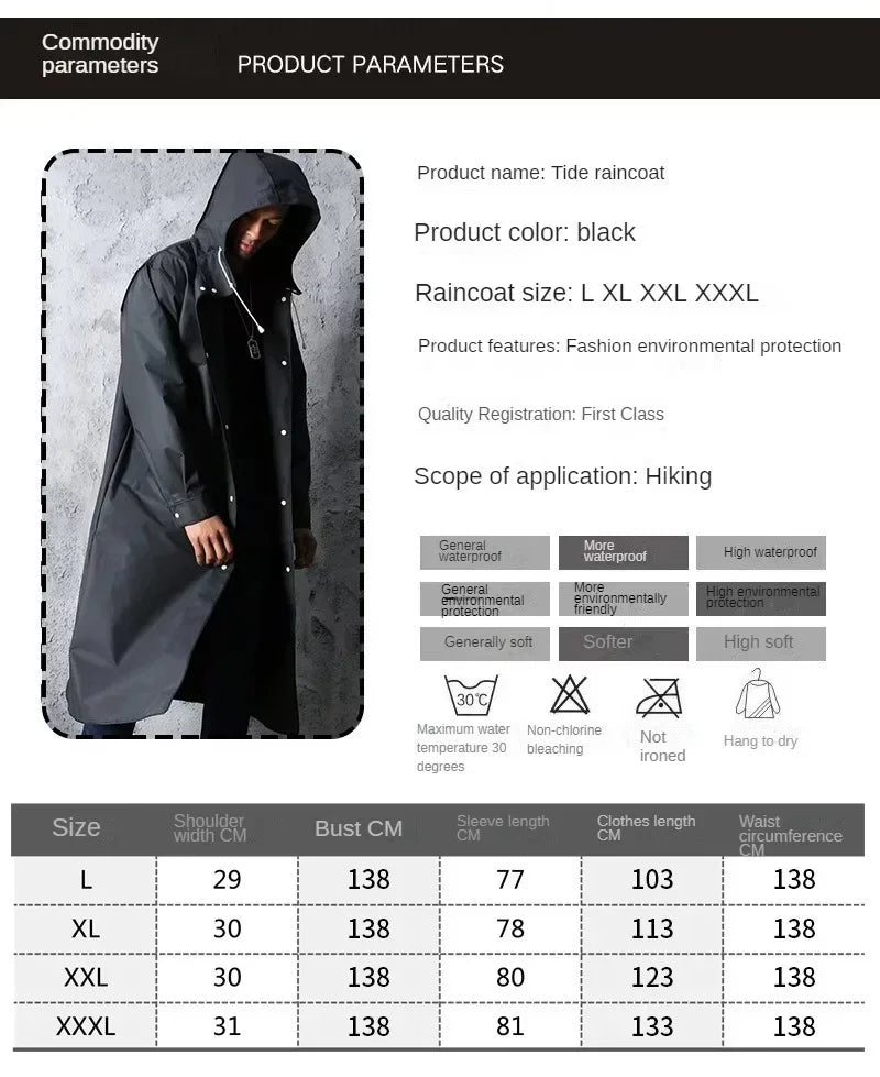 New Black Fashion Adult Waterproof Long Raincoat Ladies Men Raincoat