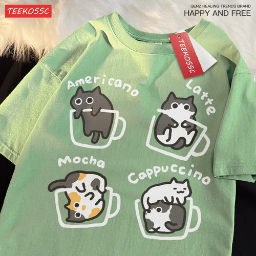 Cat Coffee Pure Cotton Trendy Summer Loose Short Sleeved T-shirt Men