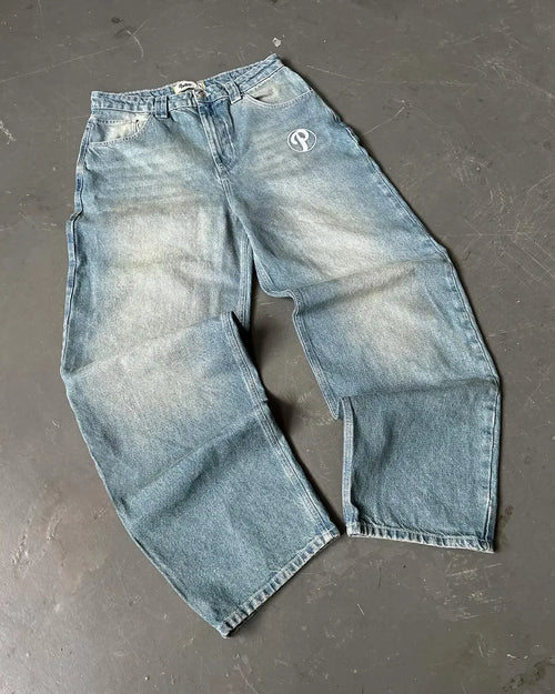 Y2K Men blue letter printed jeans high-end fashion hip-hop trend