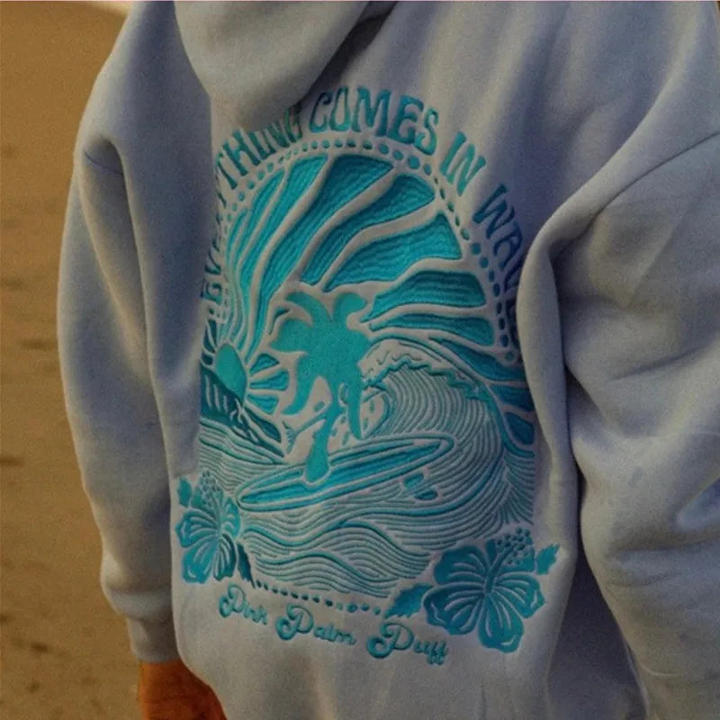 Women Fashion PINK PALM PUFF Embroidery Hoodies Autumn Winter Plus