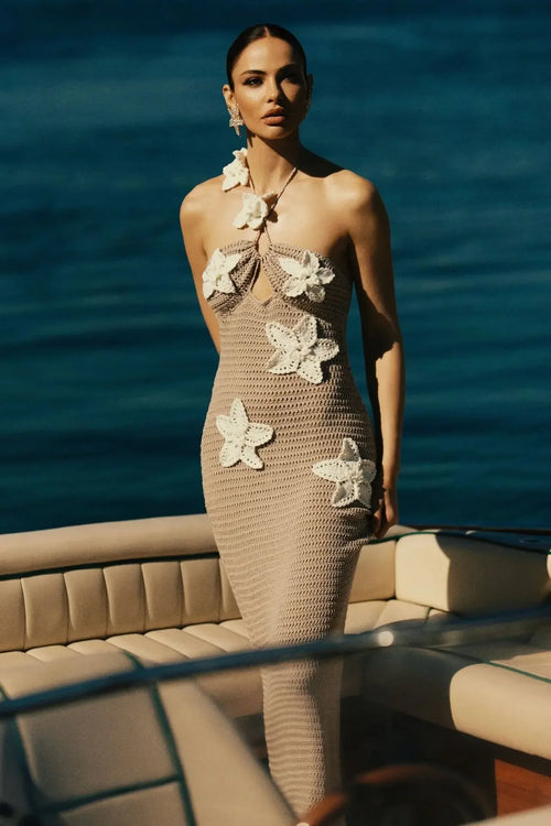 Women’s Beach Dresses Sexy Backless Knitted Long Dress Star Crochet