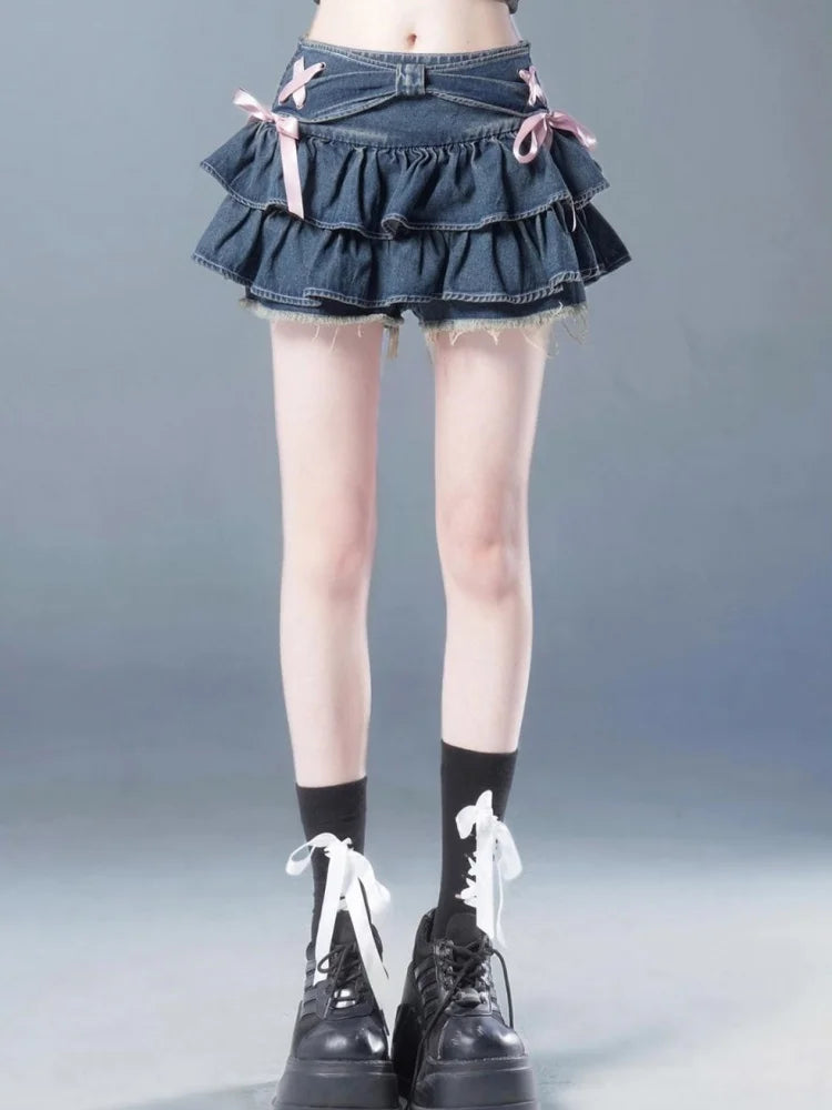 Blue Denim Pleated Skirt Bow Fold Design Women's A-line Short Skirt
