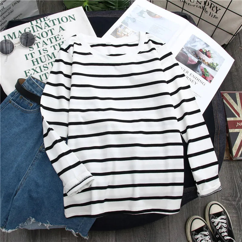 1PC Spring and Autumn Winter Black Striped Top with Foreign Style Ins