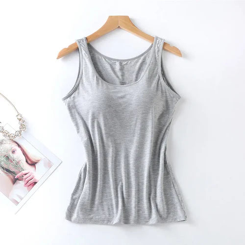 2025 Women's Vest Tops With Built In Bra Neck Vest Padded Slim Fit