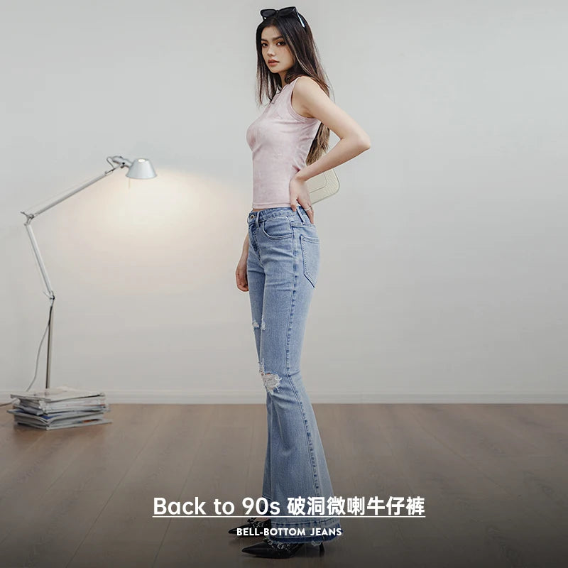 Maden Ripped Light Blue Bell-Bottom Jeans for Women Vintage Slim Pants