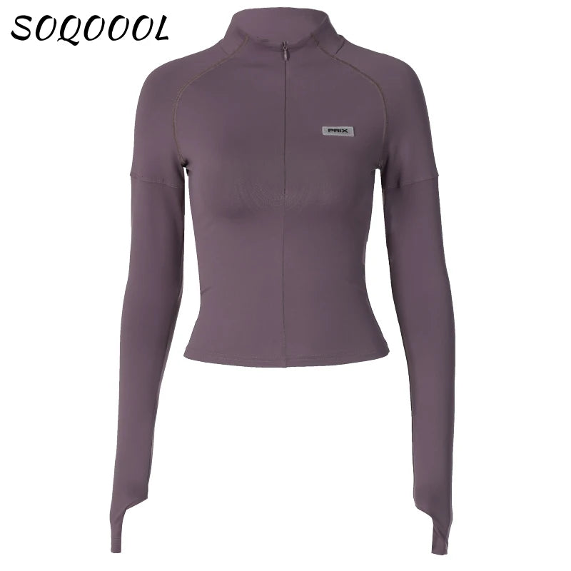 Y2k Long Sleeve T Shirt Women Stand Collar Skinny Zip Crop Tops