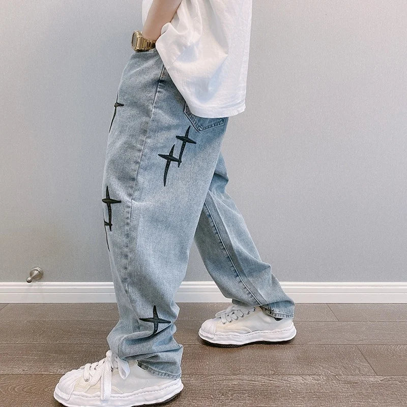 Prints Jeans Men 2023 New Streetwear Baggy Wide Leg Jeans Korean