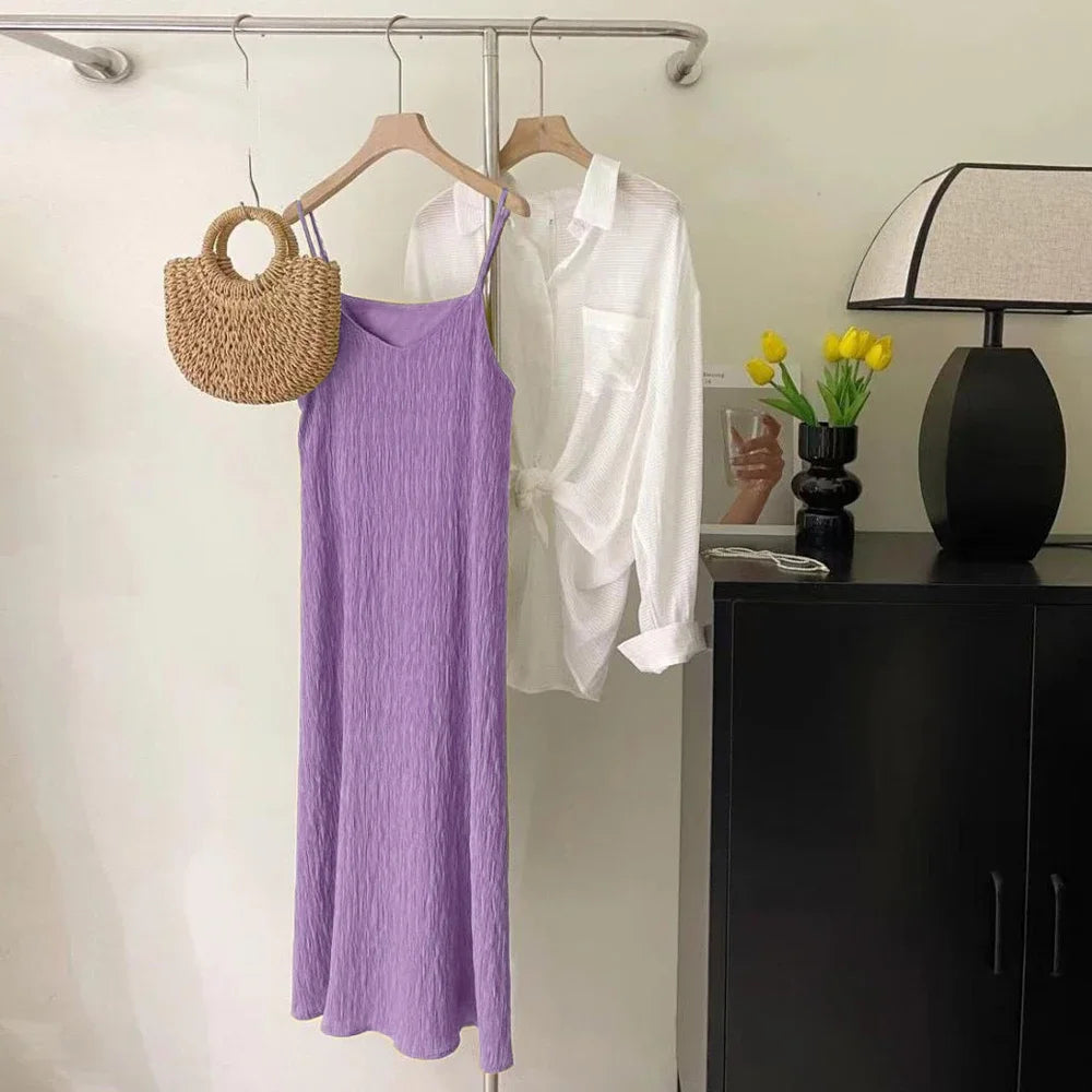 Office Lady Sleeveless Pleated Midi Dress Women Size S-XL Pink Purple