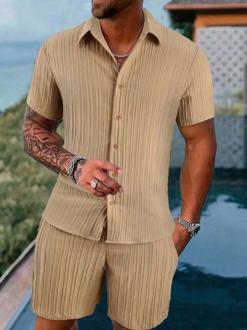 Men's beach suit striped solid color short sleeve shorts shirt Sports
