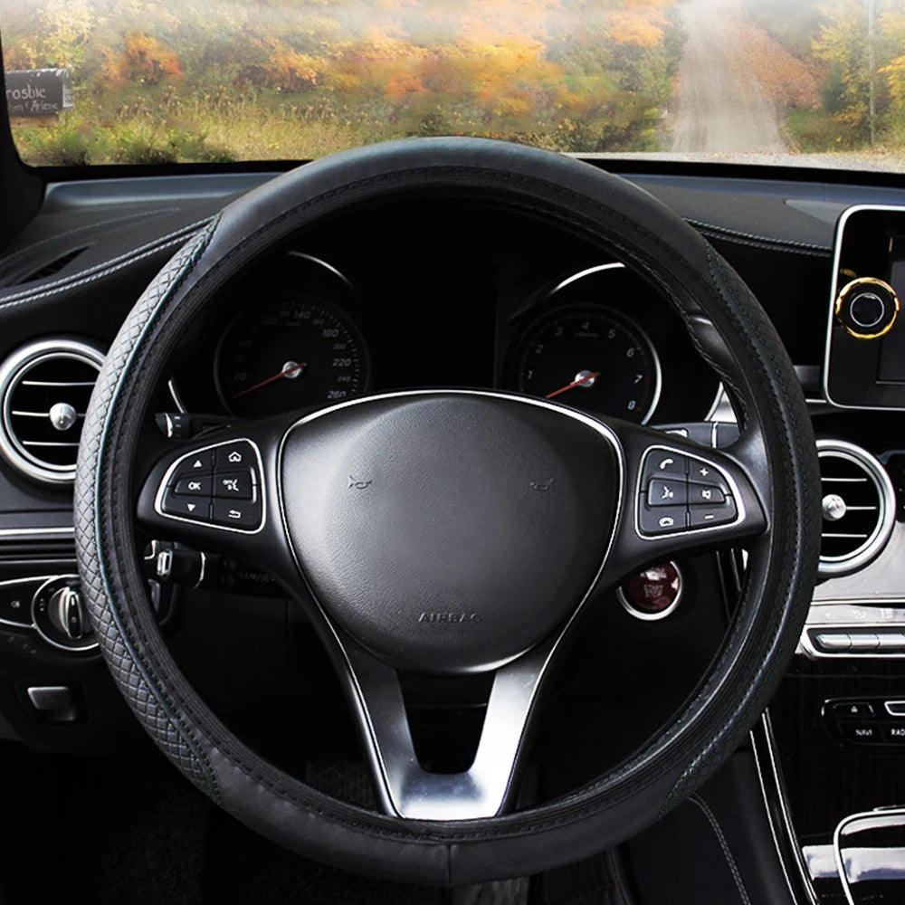 Black automobile steering wheel cover, dynamic fiber leather, double