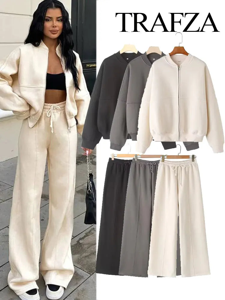 TRAFZA Women's 2-piece Retro Solid Color Zipper Bomber Jacket