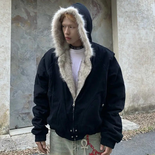 American Retro Woolen Collar Hooded Cotton Jacket Winter Thick Plush