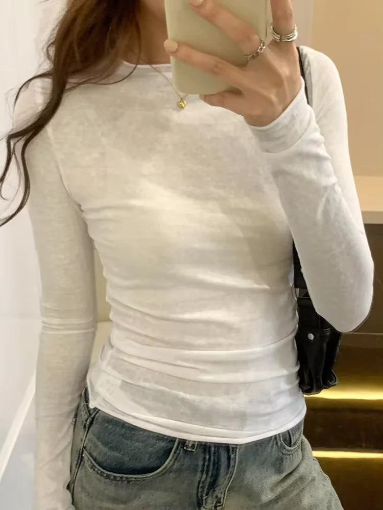 Spring Autumn T shirt Women Tops Solid Slim Fit Long Sleeve O Neck