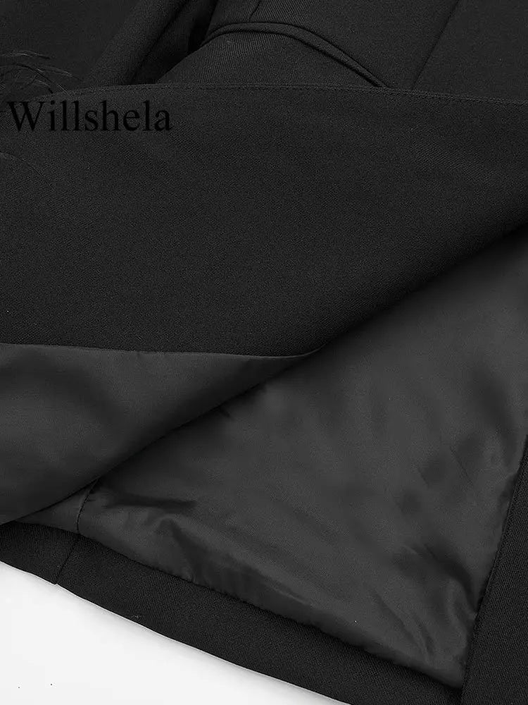 Willshela Women Fashion Satin Black With Feather Blazer Jacket Vintage