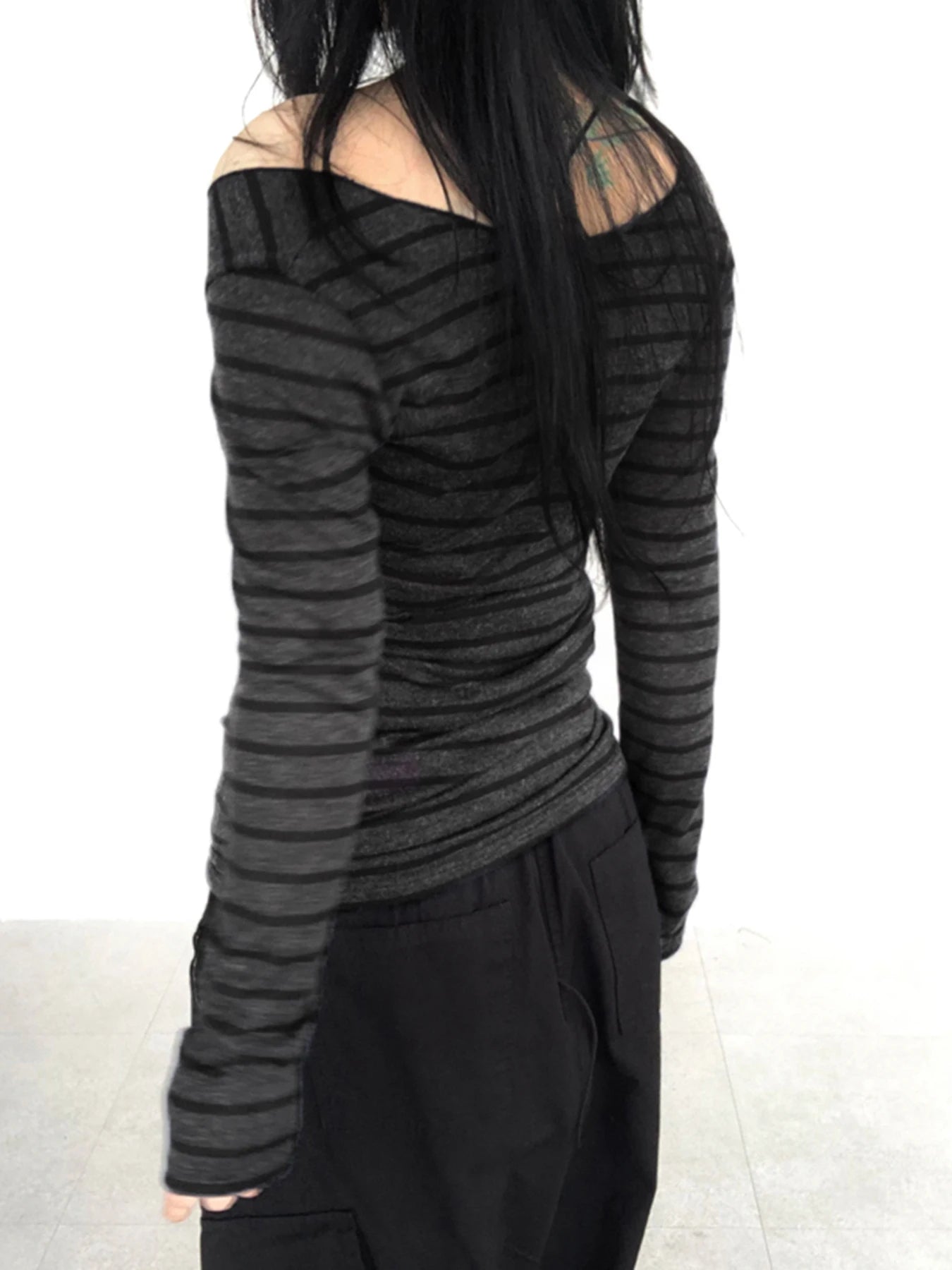 Sweetown Japanese Basic Slim Long Sleeve Stripe Tee Off Shoulder O