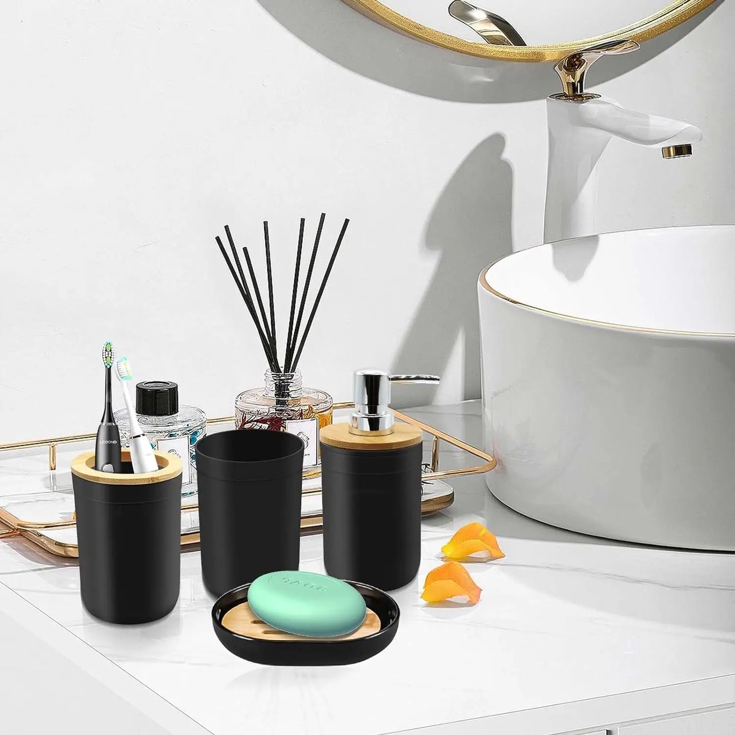 4-piece black bathroom accessories set, plastic toothbrush holder with