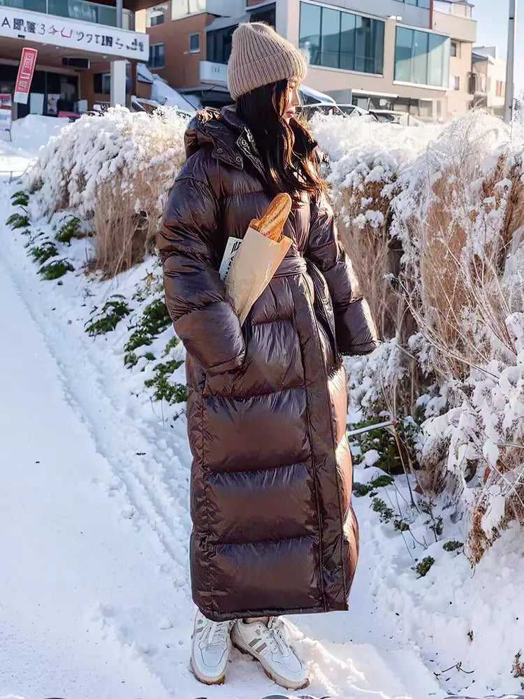 With Belt Women's Winter Down Jacket Long Puffer Coat White Duck Thick