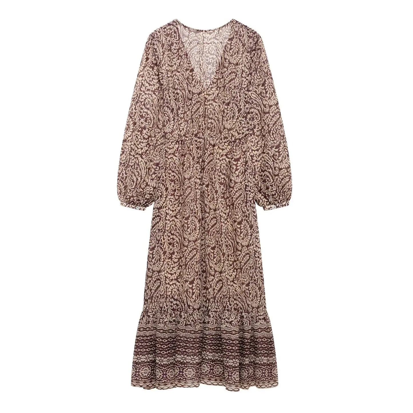 2025 Spring New Product Women's Stacked Decorative Printed V-neck Midi