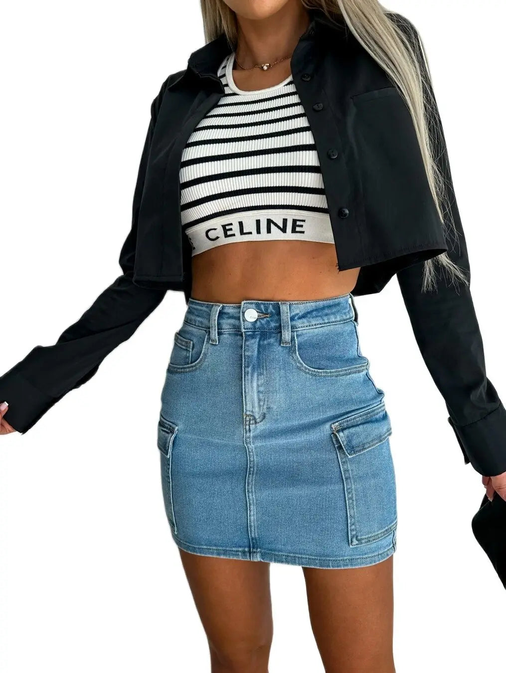 2023 Summer New Women Denim Pocket Workwear Short Skirt Fashion High